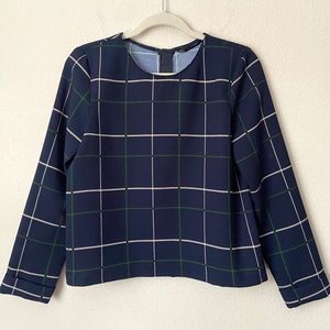 Zara Plaid Minimalist Grid Print Zip Back Long Sleeve Blouse Top